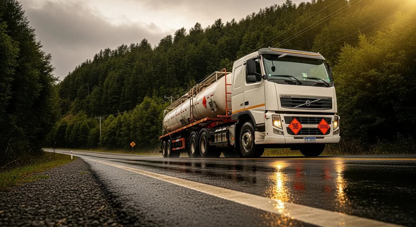 Camión Volvo blanco con placas de carga peligrosa transitando por carretera rural en bosque nativo de la Araucanía bajo lluvia suave