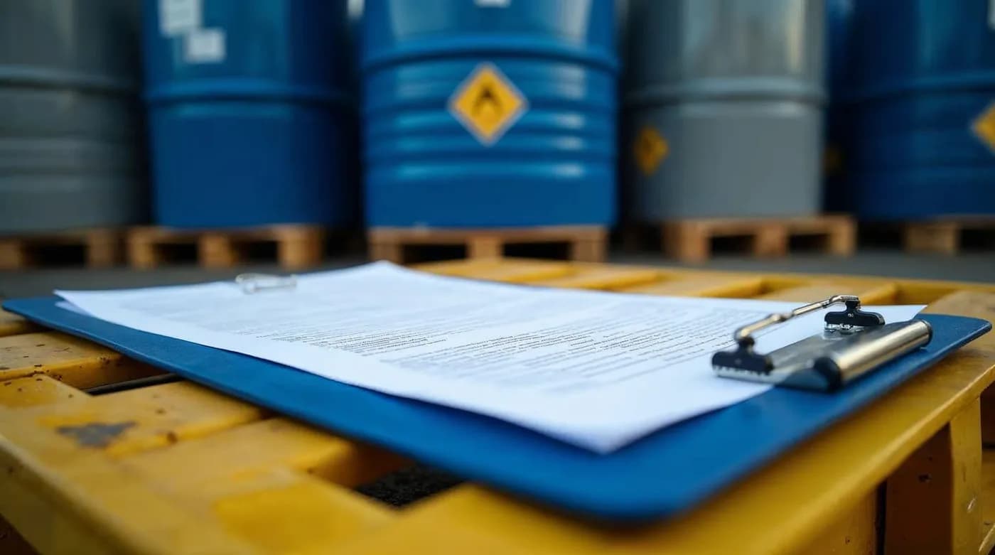 Documentos de cumplimiento DS 148 sobre pallet industrial junto a tambores RESPEL azules y grises